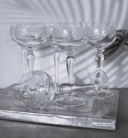 Crystal Hock Etched Grapevine pattern tall stemmed Czech Bohemia Glasses. Set of 6