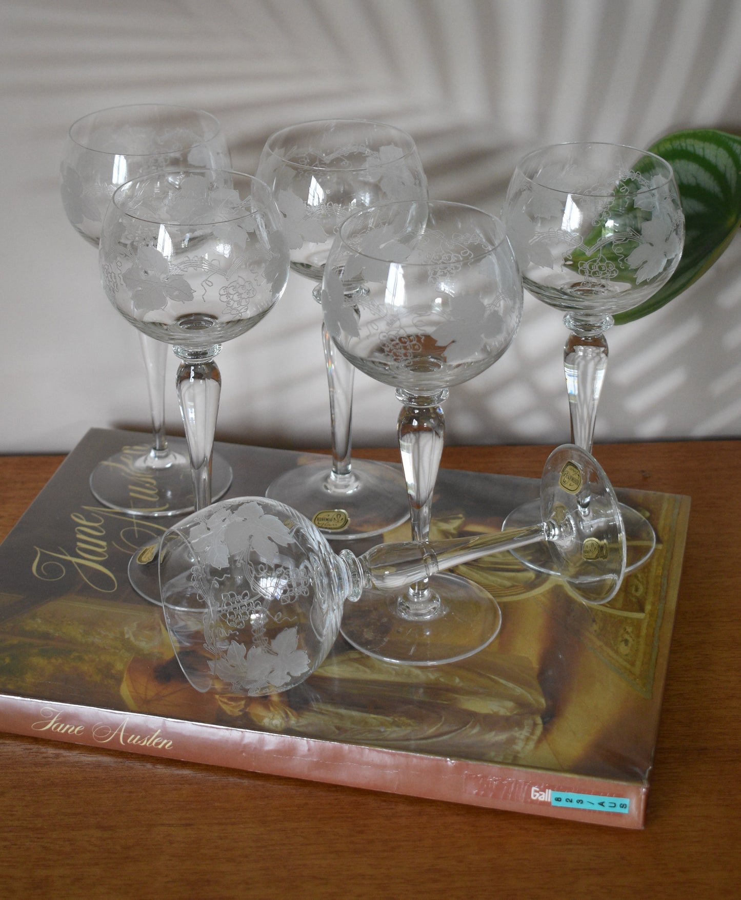 Crystal Hock Etched Grapevine pattern tall stemmed Czech Bohemia Glasses. Set of 6