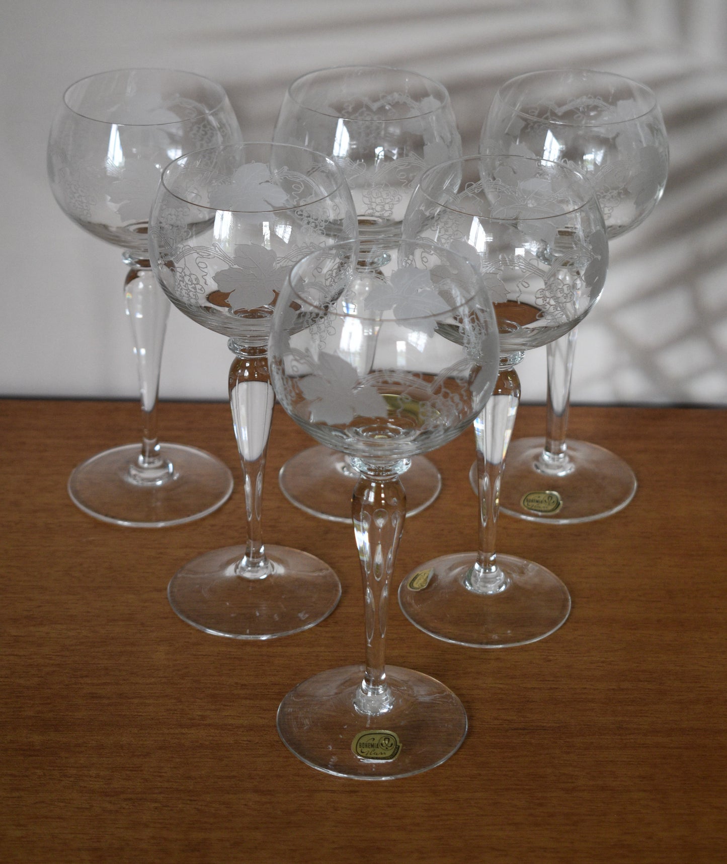 Crystal Hock Etched Grapevine pattern tall stemmed Czech Bohemia Glasses. Set of 6