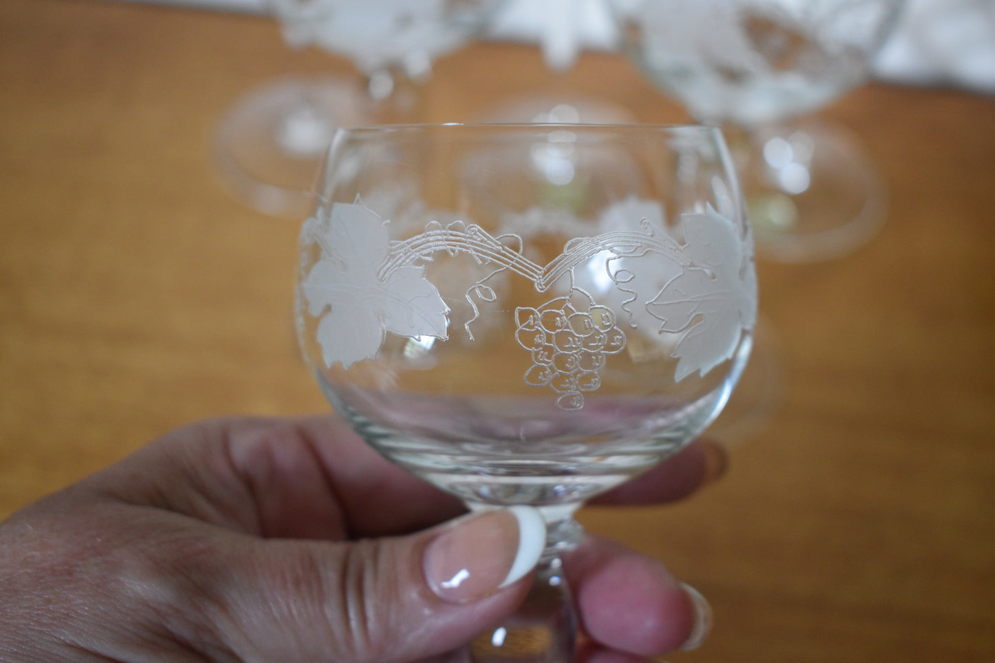 Crystal Hock Etched Grapevine pattern tall stemmed Czech Bohemia Glasses. Set of 6