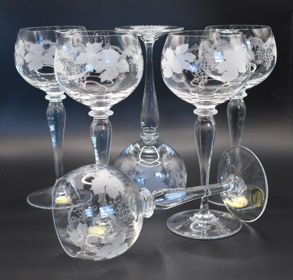 Crystal Hock Etched Grapevine pattern tall stemmed Czech Bohemia Glasses. Set of 6