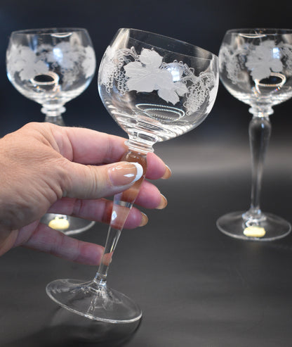 Crystal Hock Etched Grapevine pattern tall stemmed Czech Bohemia Glasses. Set of 6