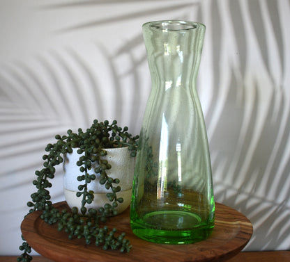 Green Hand blown bubble glass carafe. Green Vase.