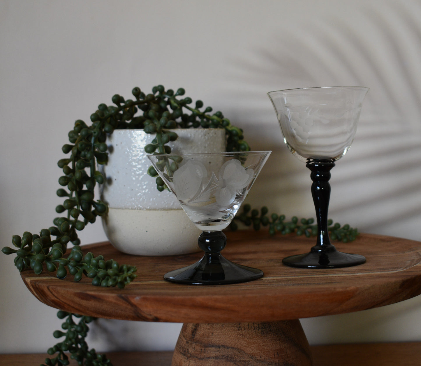 Miss Match set of 2 black stemmed etched liqueur glasses.