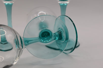 LUMINARC FRANCE Aqua/ Turquoise Colored Stem Clear Bowl Wine Glasses. Set of 4