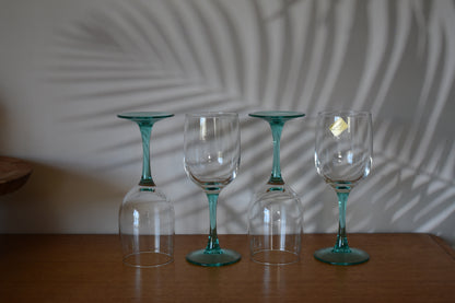 LUMINARC FRANCE Aqua/ Turquoise Colored Stem Clear Bowl Wine Glasses. Set of 4