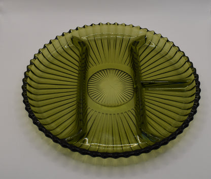 Olive Green Glass Divided Serving Platter