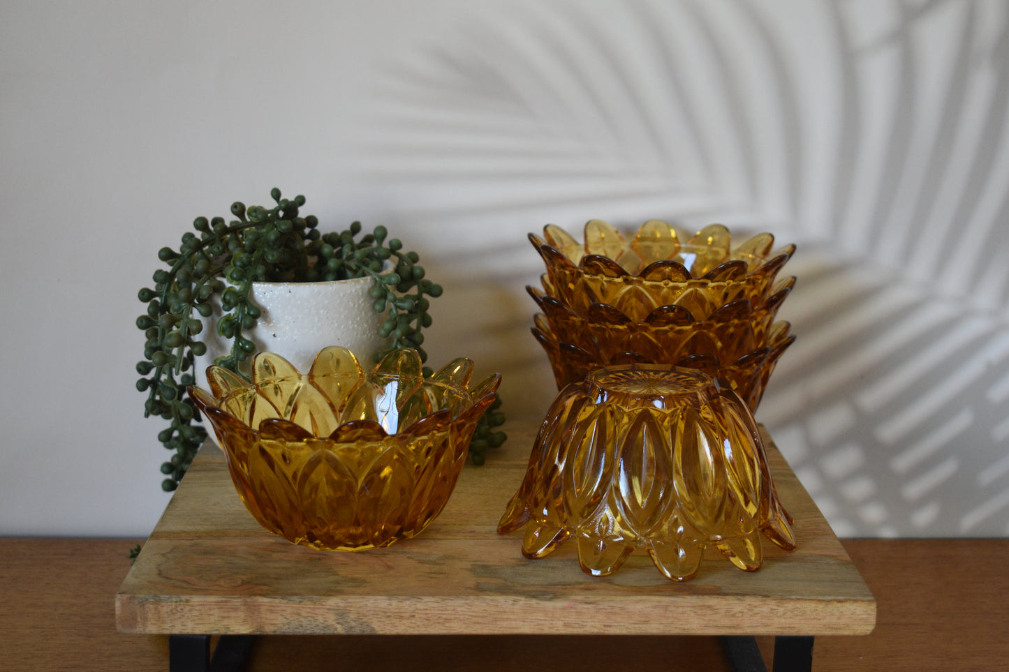 Vintage Pressed Glass Amber Petal/Starburst design. Set of 5