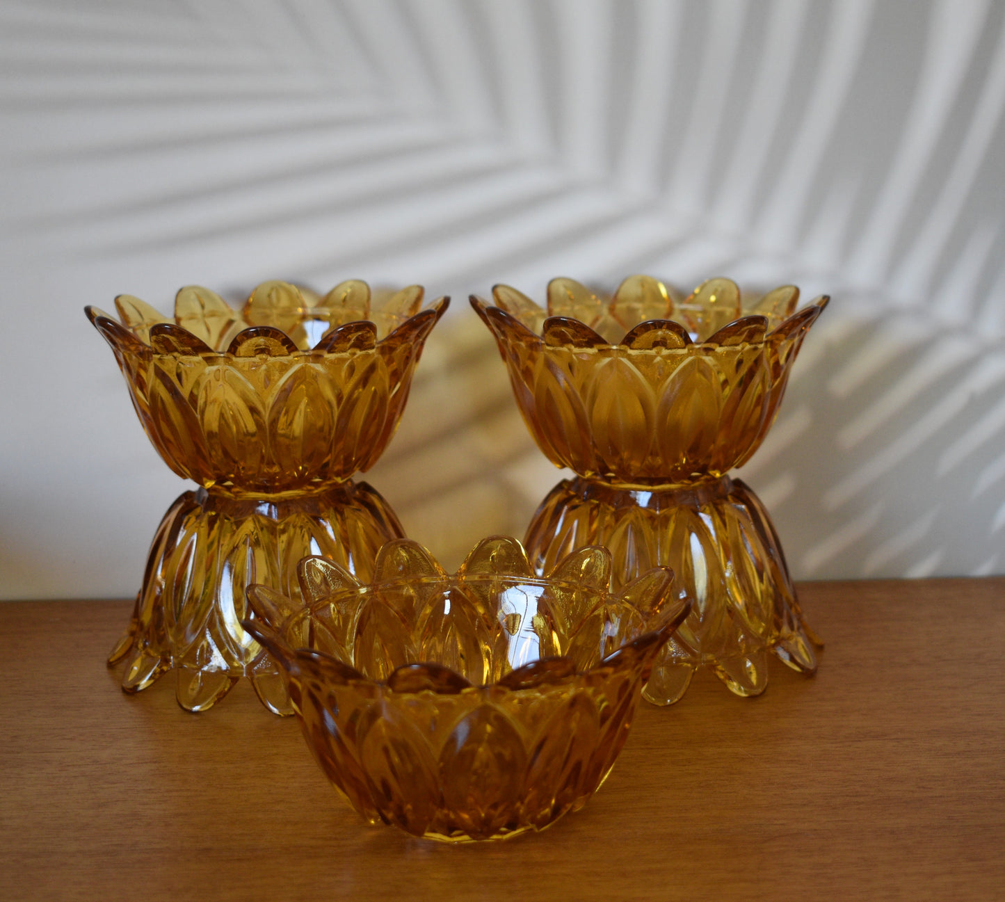 Vintage Pressed Glass Amber Petal/Starburst design. Set of 5