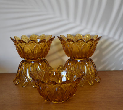 Vintage Pressed Glass Amber Petal/Starburst design. Set of 5