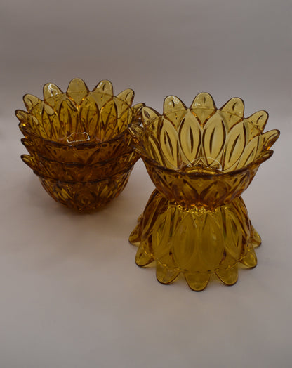 Vintage Pressed Glass Amber Petal/Starburst design. Set of 5