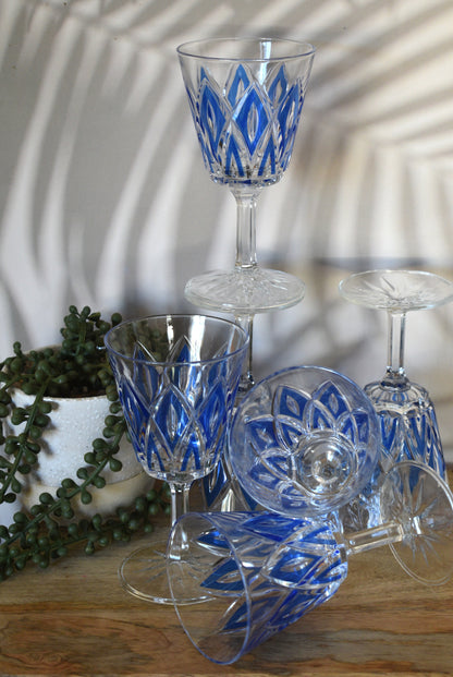 VMC Reims France blue diamond cut water goblets/glasses. Set of 6