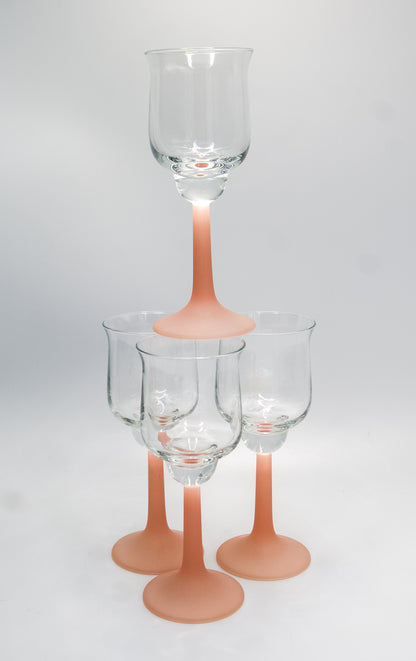 Vintage Frosted Pink Stemmed Tulip Shaped Port Glasses