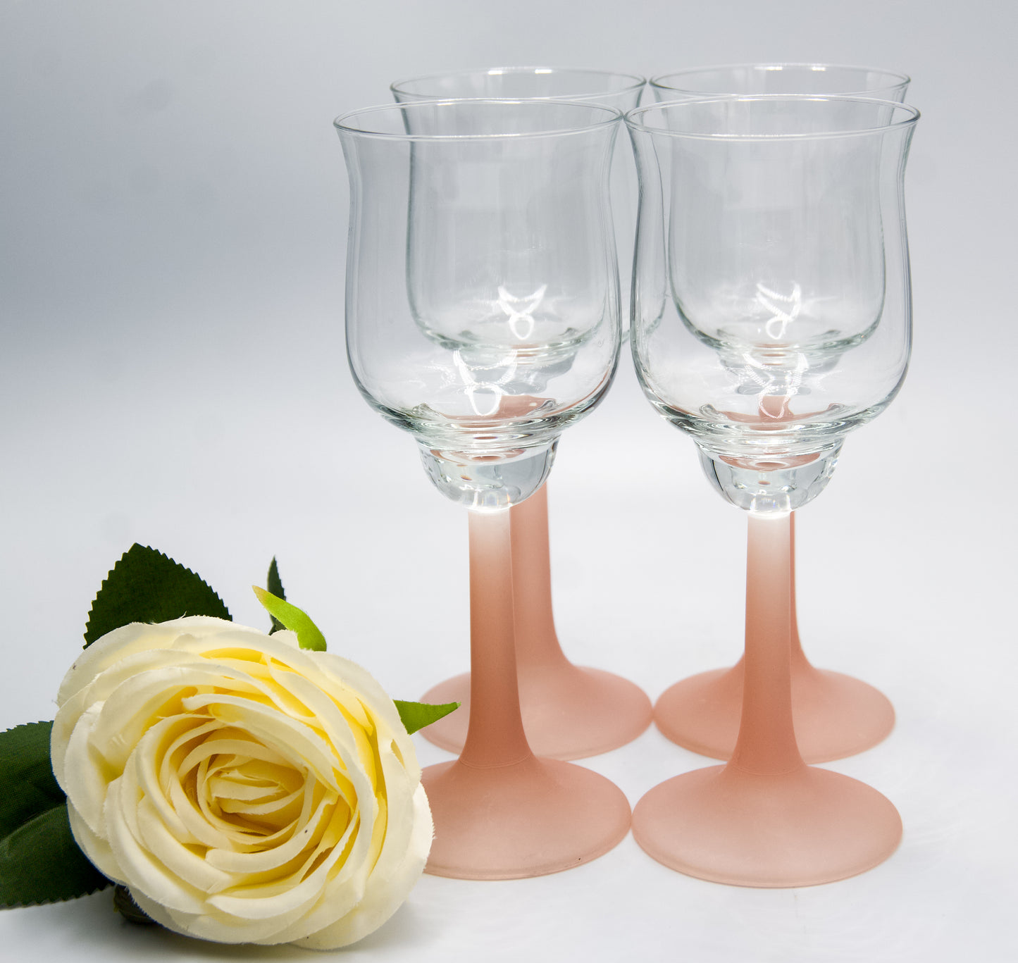 Vintage Frosted Pink Stemmed Tulip Shaped Wine Glasses