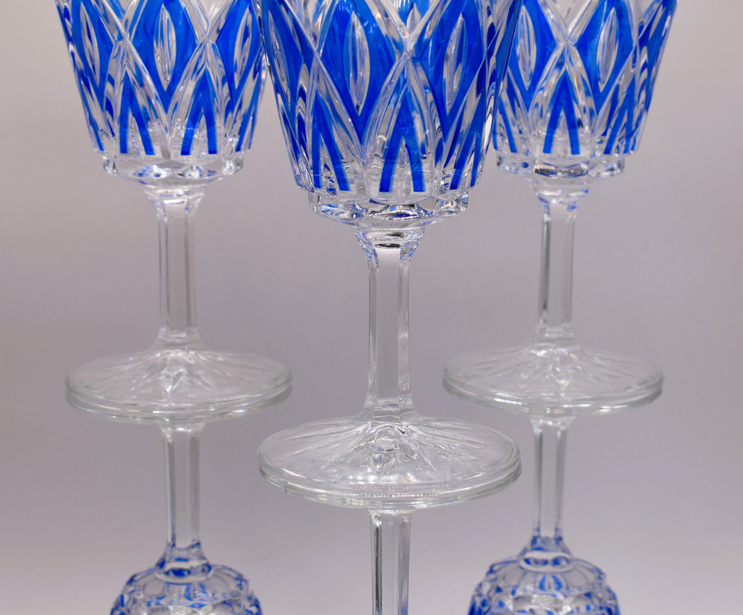 VMC Reims France blue diamond cut water goblets/glasses. Set of 6