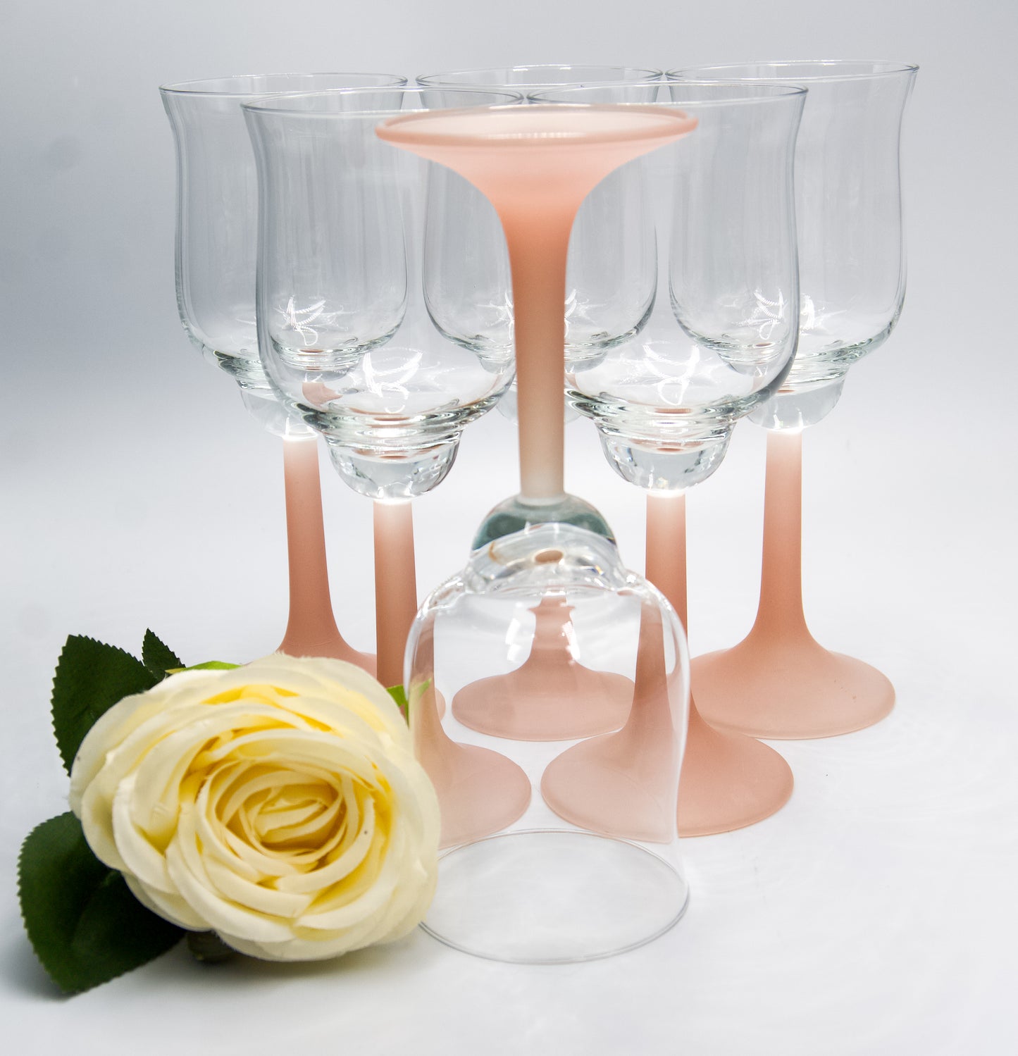 Vintage Frosted Pink Stemmed Tulip Shaped Wine Large Glasses