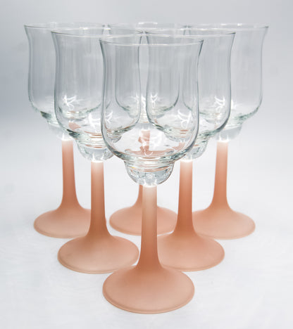 Vintage Frosted Pink Stemmed Tulip Shaped Wine Large Glasses