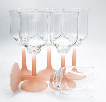 Vintage Frosted Pink Stemmed Tulip Shaped Wine Large Glasses