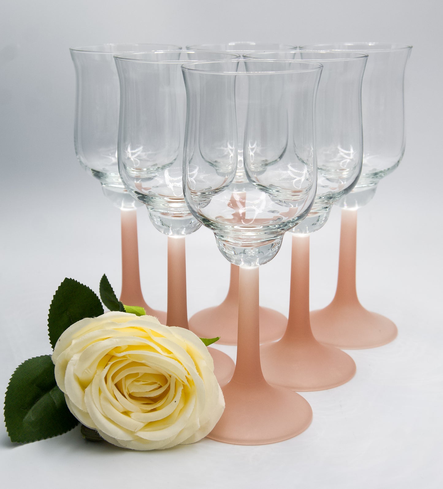 Vintage Frosted Pink Stemmed Tulip Shaped Wine Large Glasses