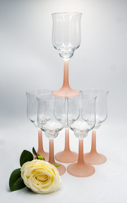 Vintage Frosted Pink Stemmed Tulip Shaped Wine Large Glasses