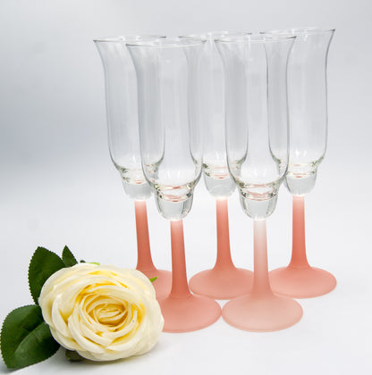 Vintage Frosted Pink Stemmed Tulip Shaped Champagne Flutes