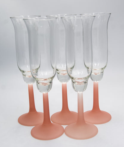 Vintage Frosted Pink Stemmed Tulip Shaped Champagne Flutes