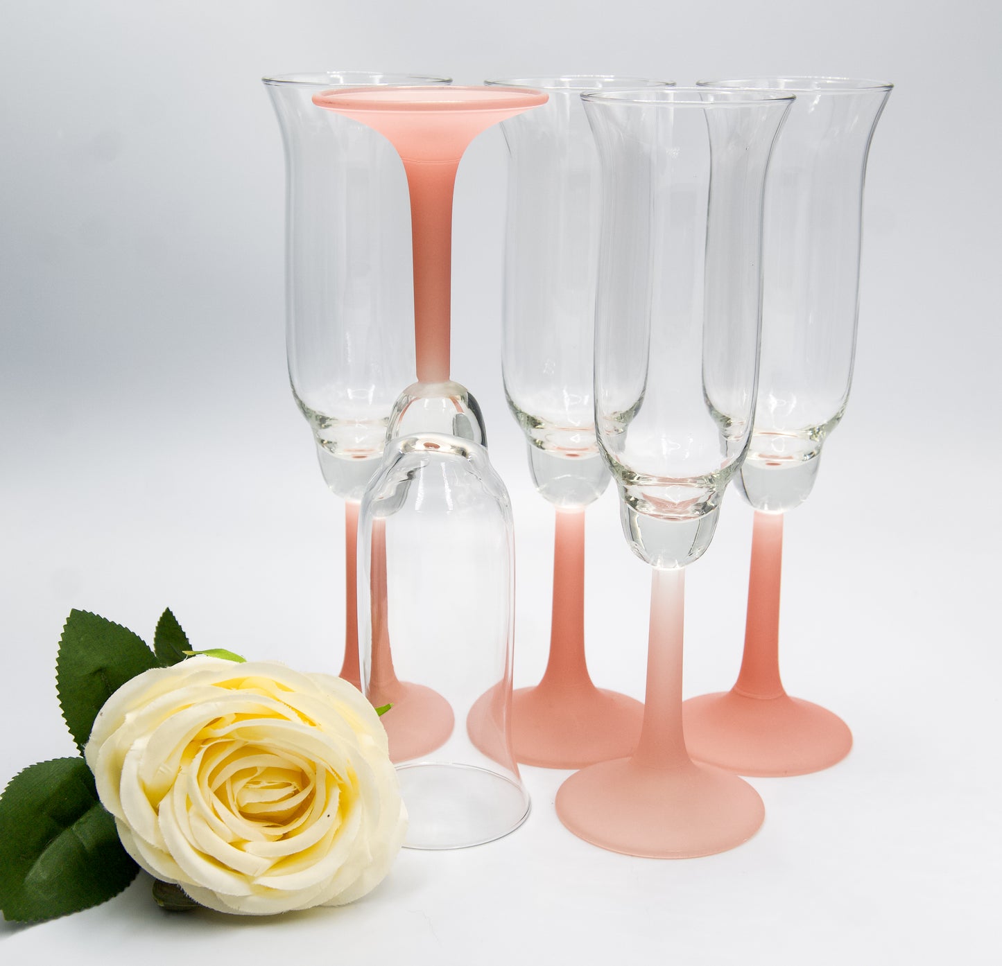 Vintage Frosted Pink Stemmed Tulip Shaped Champagne Flutes