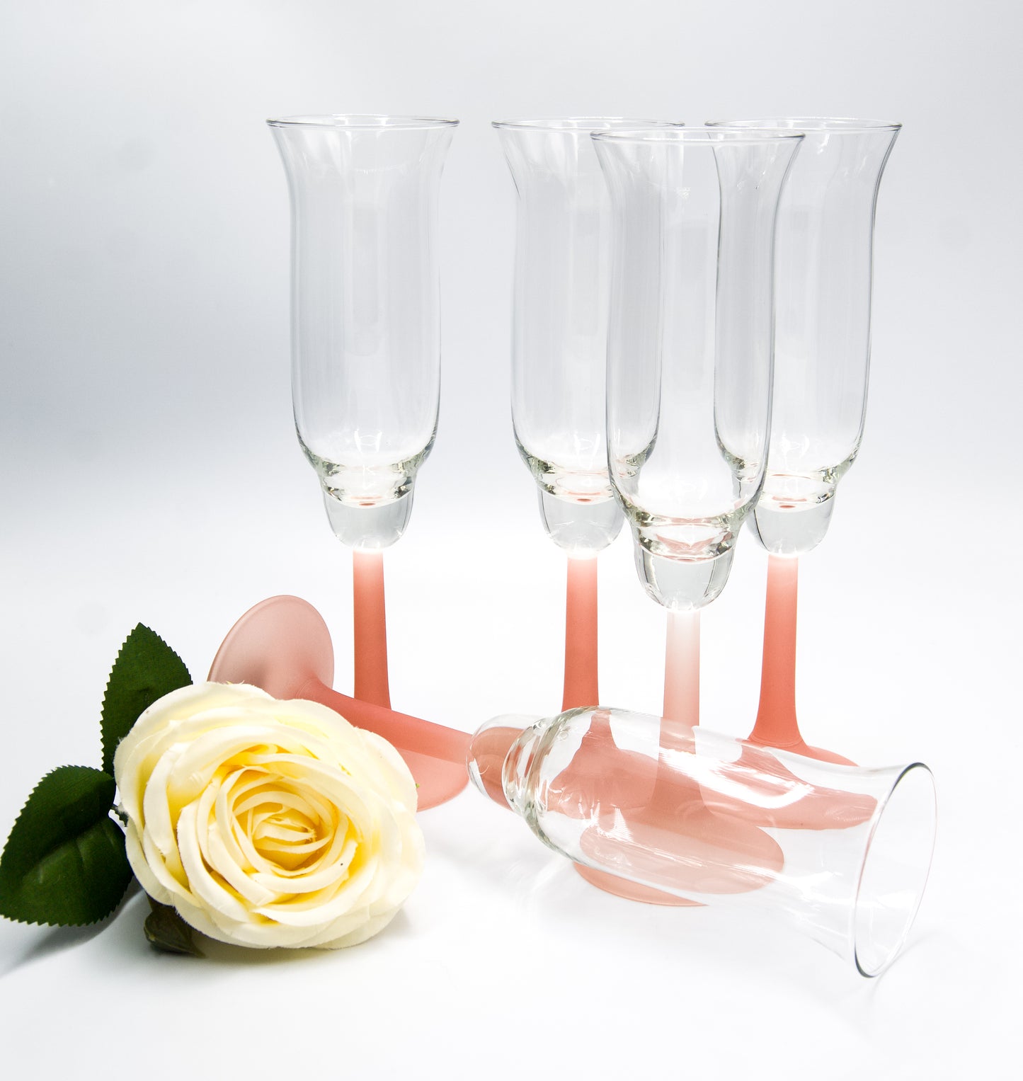 Vintage Frosted Pink Stemmed Tulip Shaped Champagne Flutes