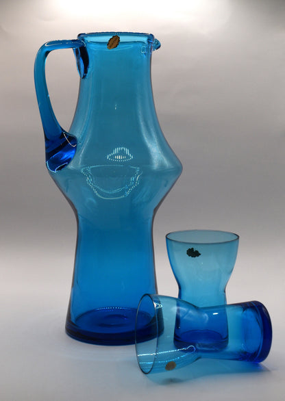 Cocktail Set. Blue Glass Cocktail Pitcher and Glass set. 7 piece set.