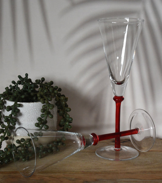 Red Stemmed Trumpet Champagne Flutes. Set of 2