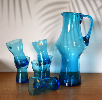 Cocktail Set. Blue Glass Cocktail Pitcher and Glass set. 7 piece set.