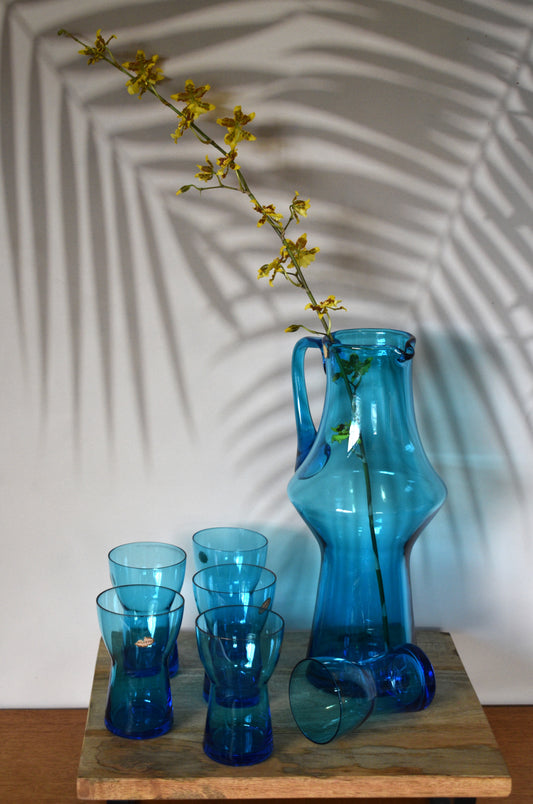 Cocktail Set. Blue Glass Cocktail Pitcher and Glass set. 7 piece set.