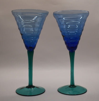 Pier 1 Imports Wine Glasses. Cobalt Blue with Green Teal Stems. Set of 2