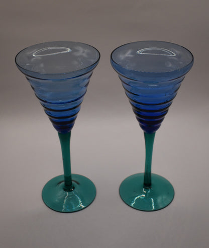 Pier 1 Imports Wine Glasses. Cobalt Blue with Green Teal Stems. Set of 2