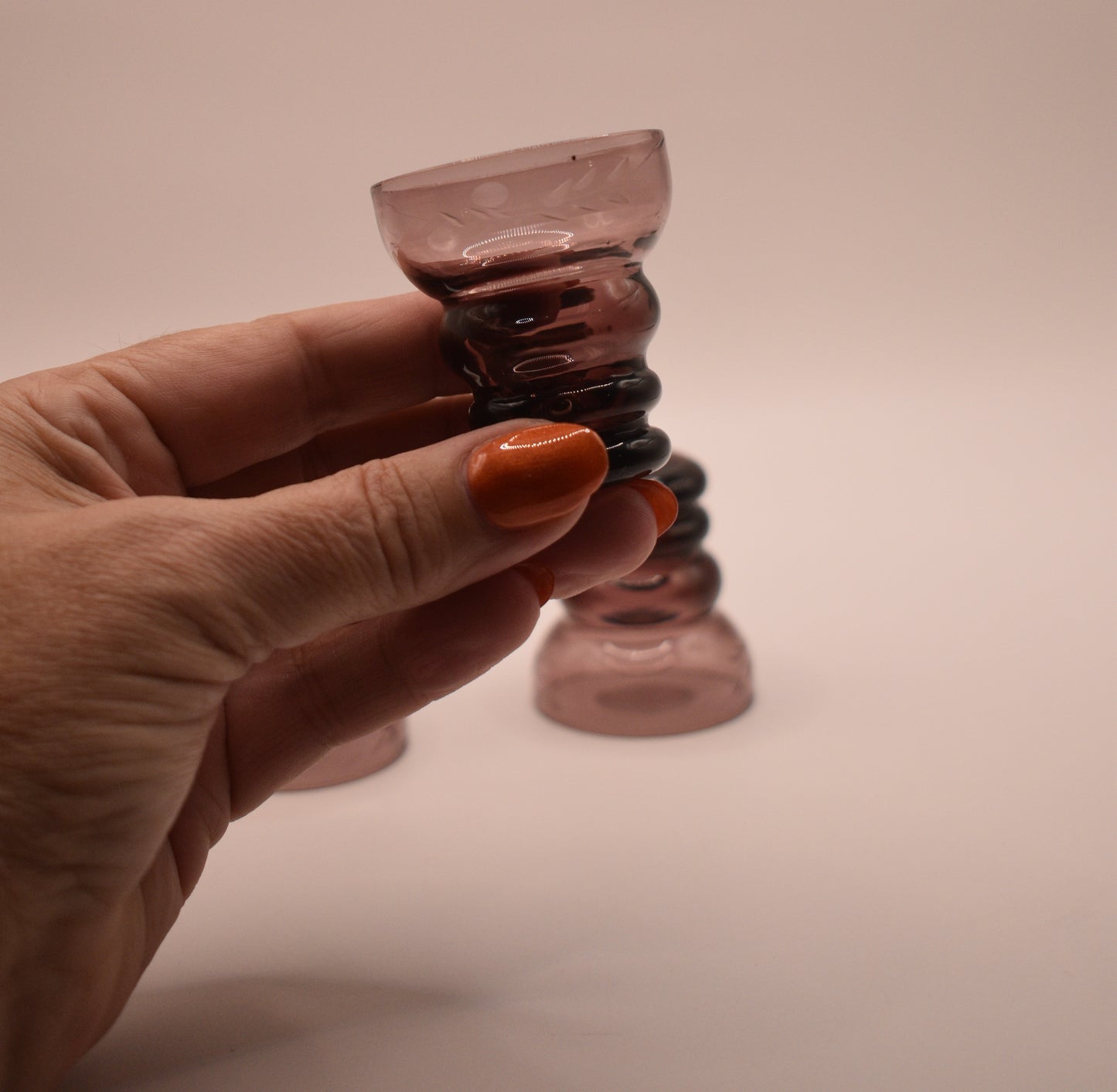 Tiny purple coloured etched shot glasses. Set of 4