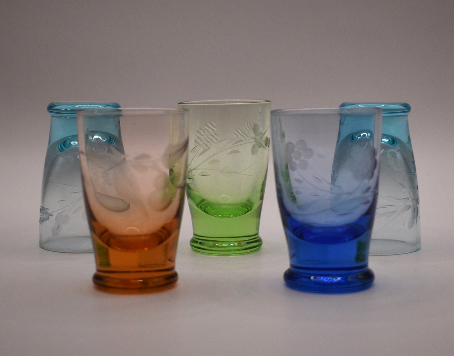 Coloured etched shot glasses. Set of 5