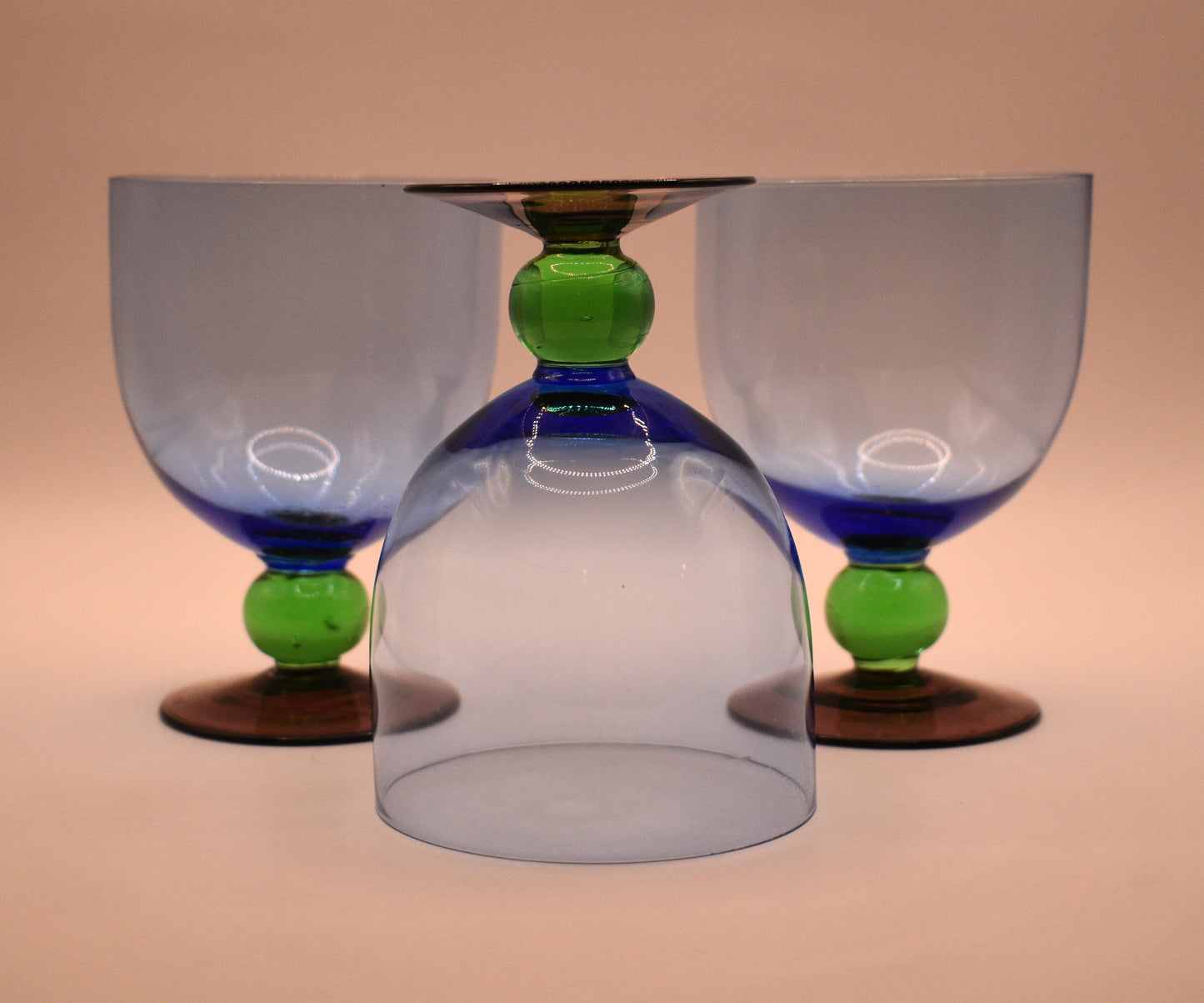 Funky Blue Bowl Glasses with green ball stem and purple foot. Water goblet/Cocktail Glass. Set of 3