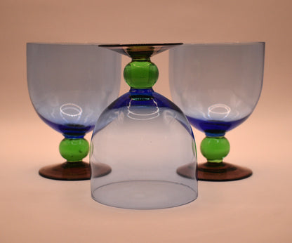 Funky Blue Bowl Glasses with green ball stem and purple foot. Water goblet/Cocktail Glass. Set of 3