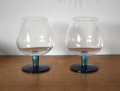 Fabulous set of 2 light blue stem with dark blue footed Brandy/Cocktail Glasses. Set of 2