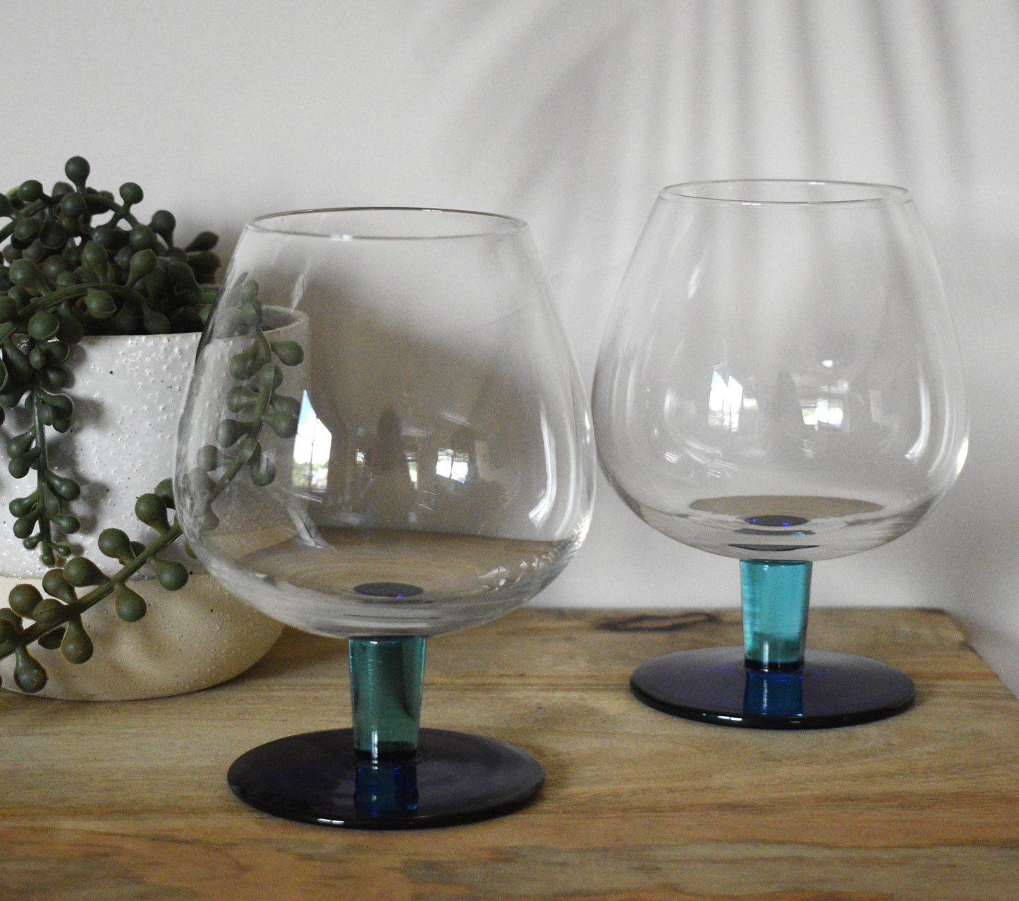 Fabulous set of 2 light blue stem with dark blue footed Brandy/Cocktail Glasses. Set of 2