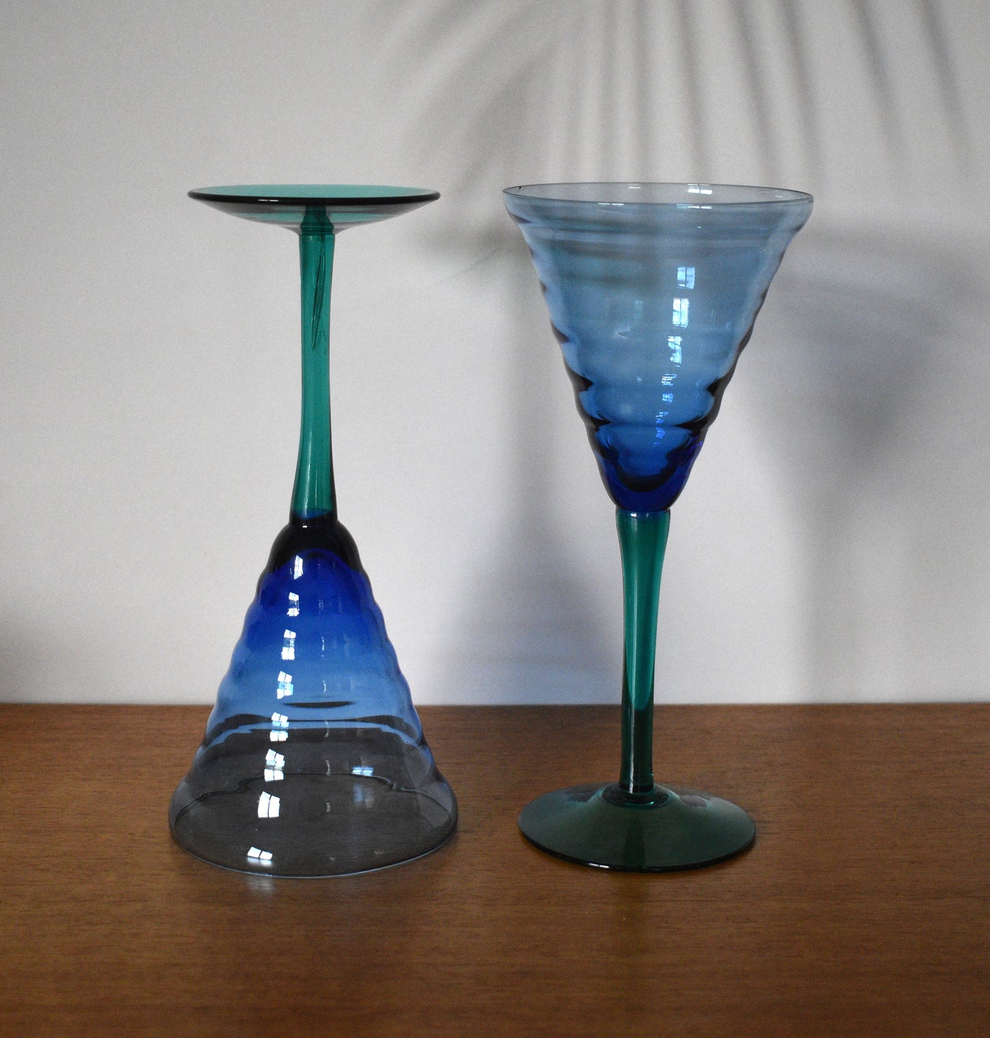 Pier 1 Imports Wine Glasses. Cobalt Blue with Green Teal Stems. Set of 2