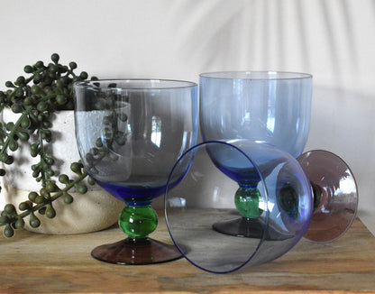 Funky Blue Bowl Glasses with green ball stem and purple foot. Water goblet/Cocktail Glass. Set of 3