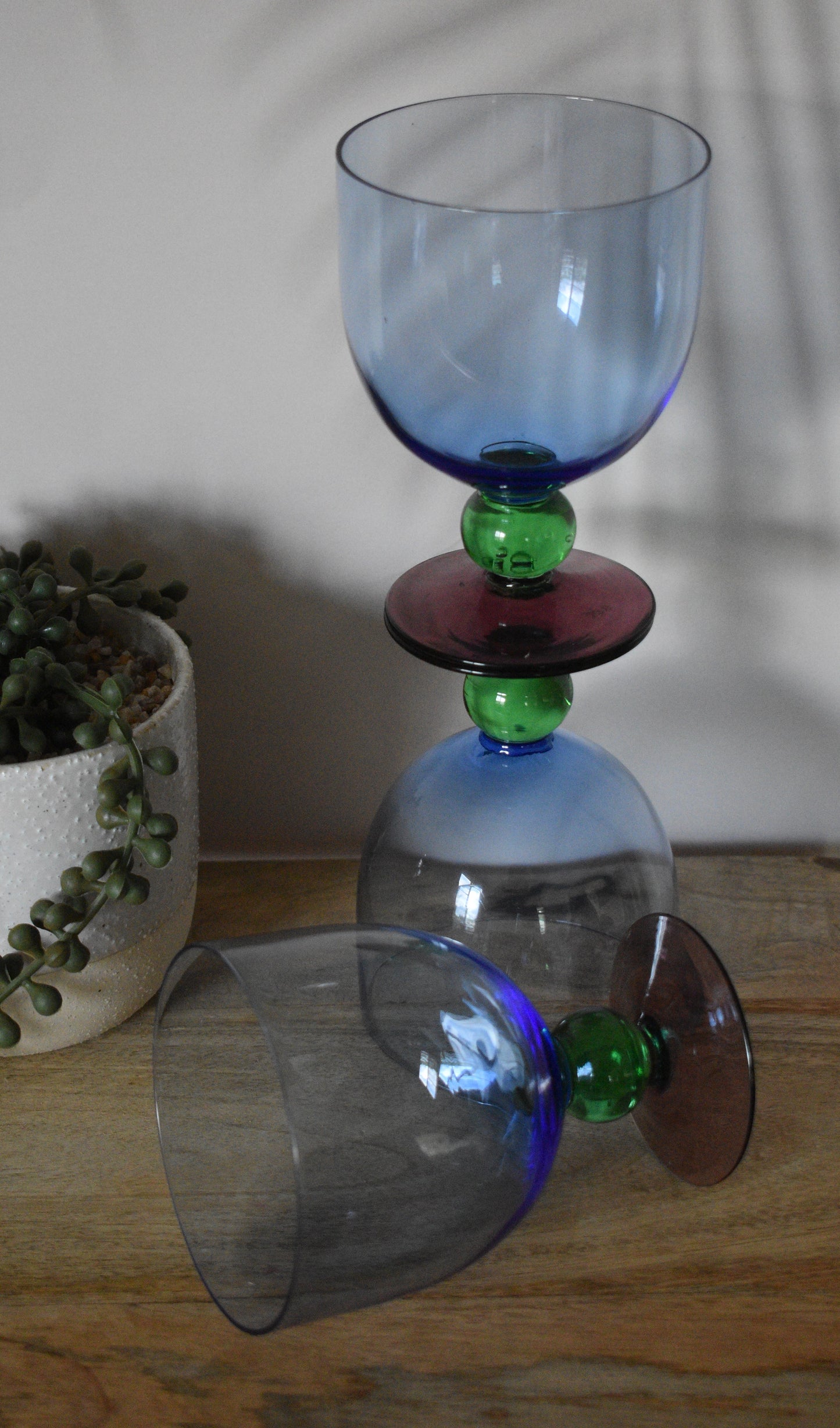 Funky Blue Bowl Glasses with green ball stem and purple foot. Water goblet/Cocktail Glass. Set of 3