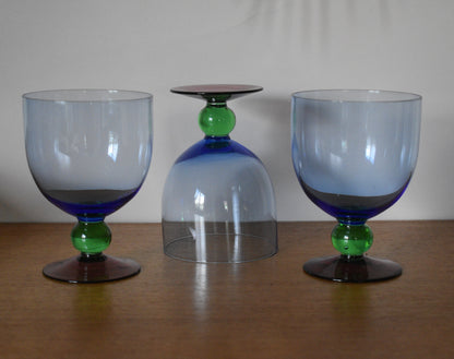 Funky Blue Bowl Glasses with green ball stem and purple foot. Water goblet/Cocktail Glass. Set of 3