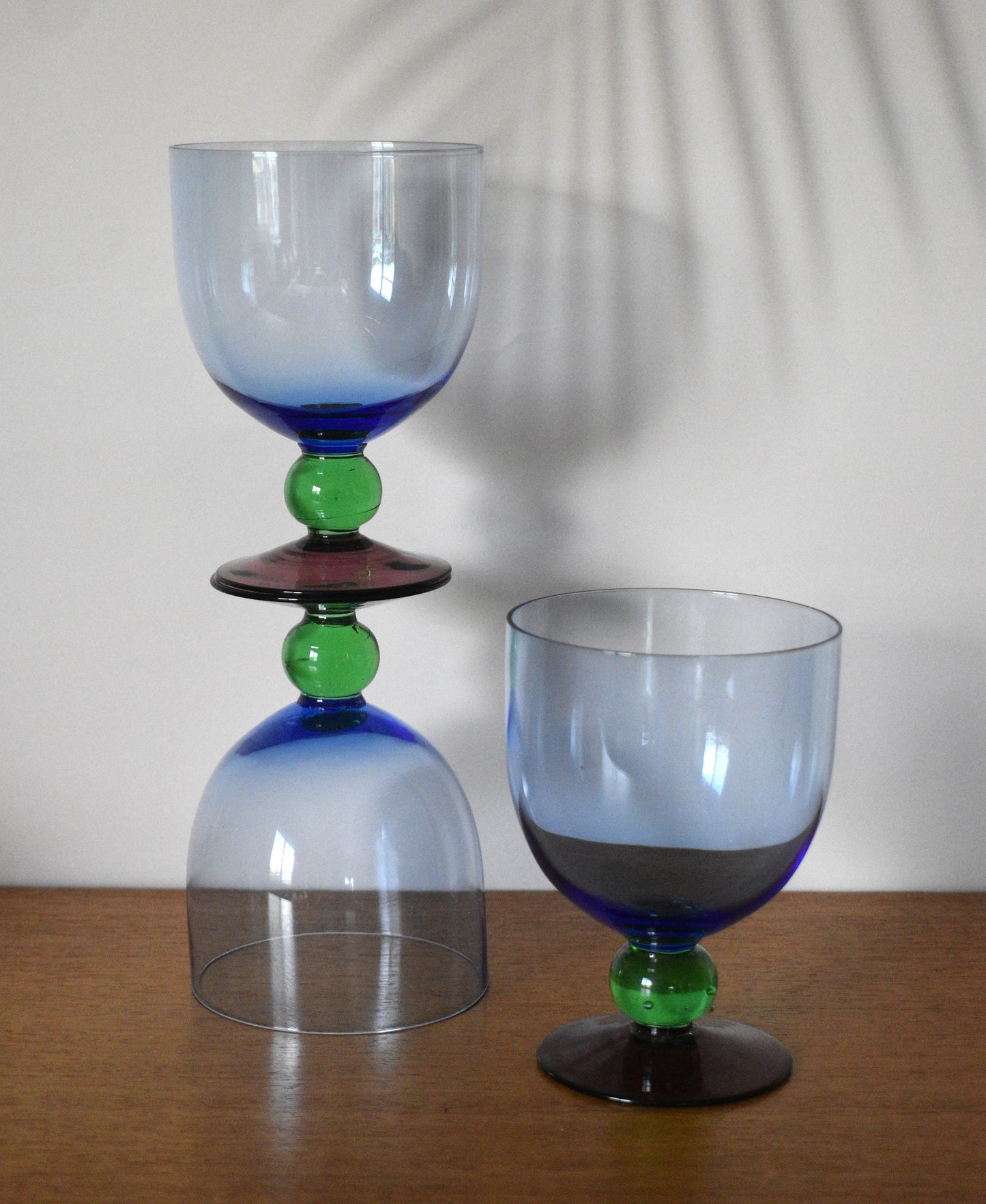 Funky Blue Bowl Glasses with green ball stem and purple foot. Water goblet/Cocktail Glass. Set of 3