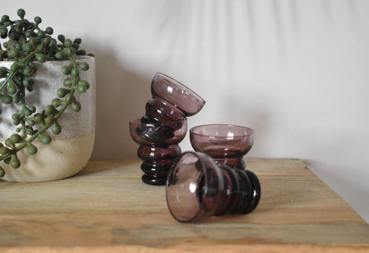 Tiny purple coloured etched shot glasses. Set of 4