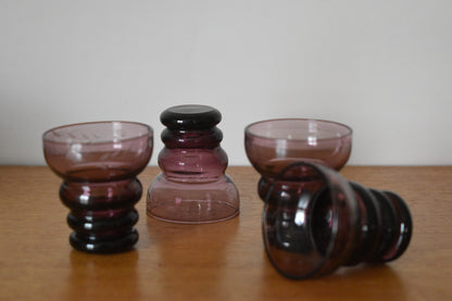 Tiny purple coloured etched shot glasses. Set of 4