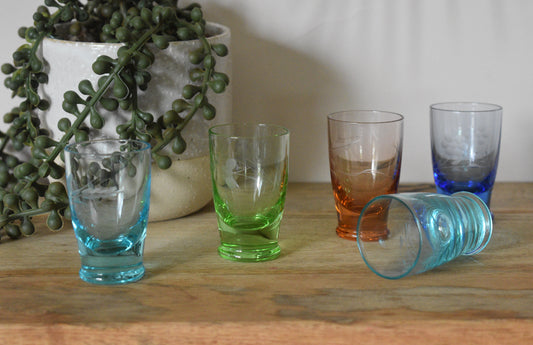 Coloured etched shot glasses. Set of 5