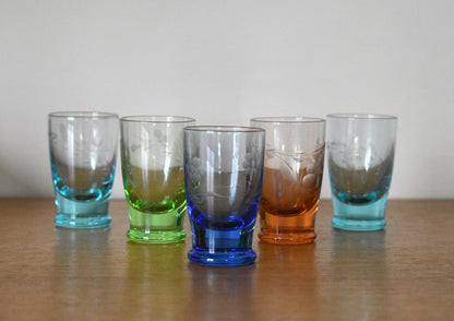 Coloured etched shot glasses. Set of 5