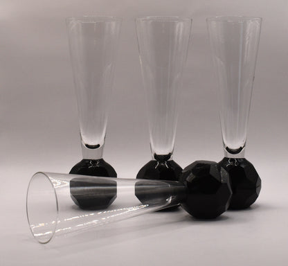 Champagne Flutes - Stemless - Black faceted Ball foot. Set of 4